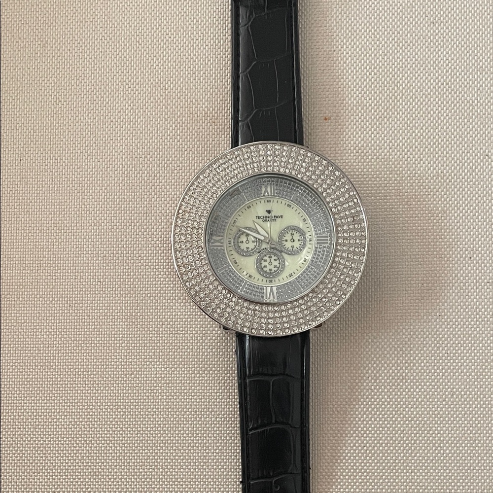 Silver and Black Watch with Crystal Accents